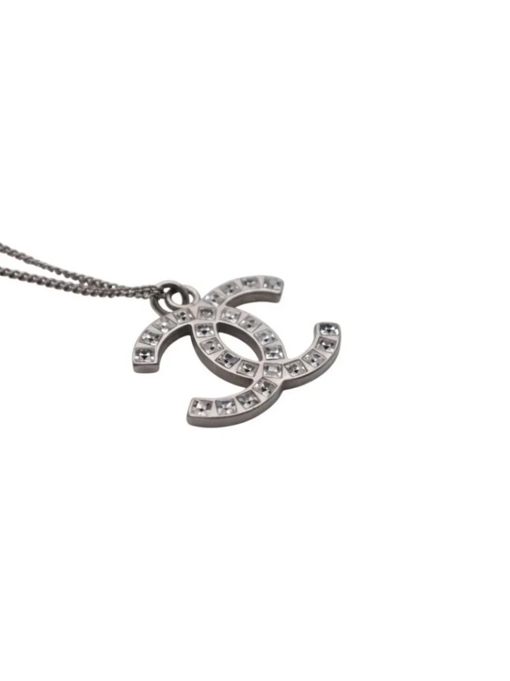 Chanel CC Logo Square Rhinestone Necklace 09 50 Silver Metal
